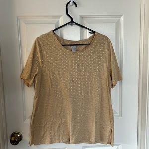 Chico’s 2(L) shortsleeve tan t-shirt with gold pattern